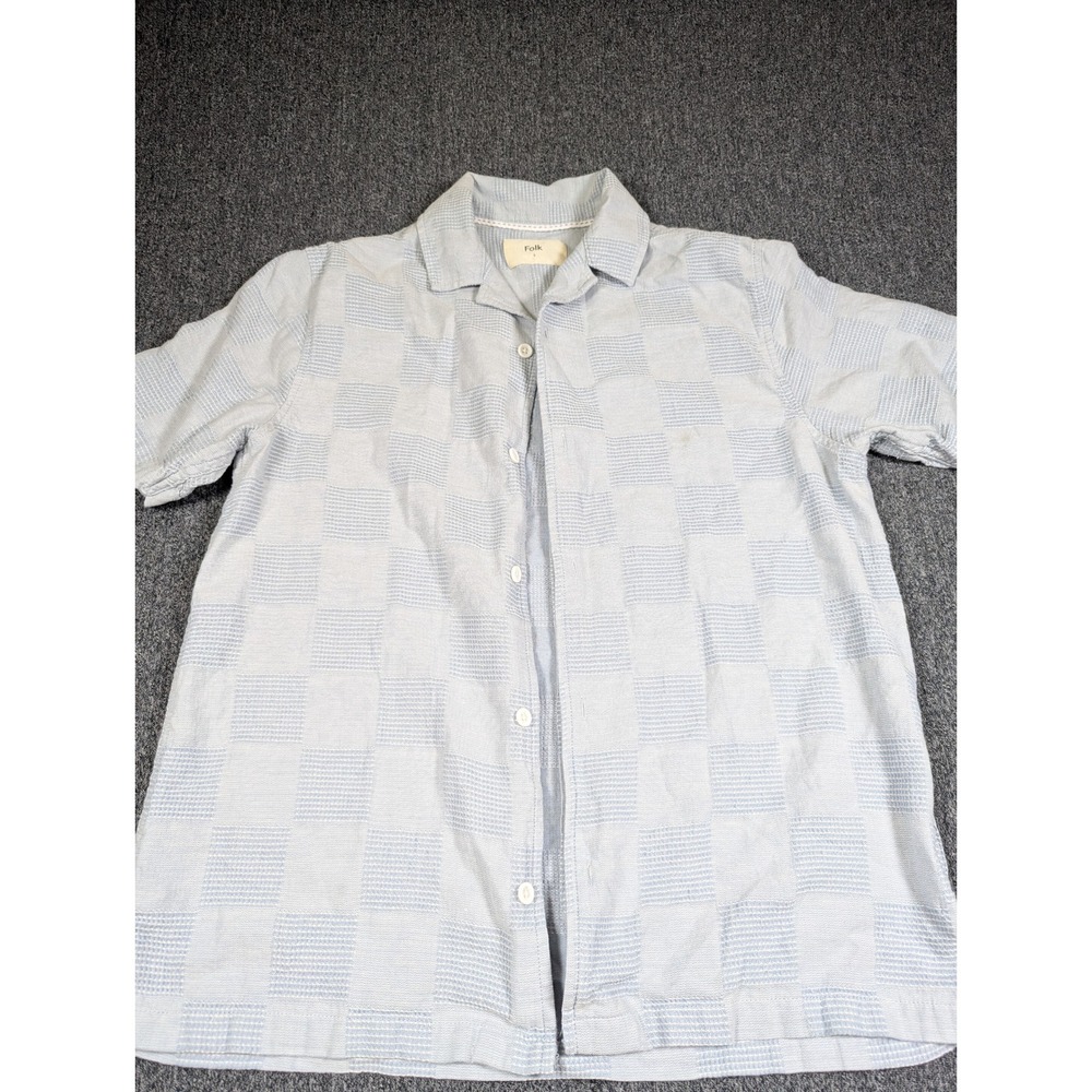 Folk Mens Light Blue Textured Checkered Short Sleeve Camp Collar Shirt Size S
